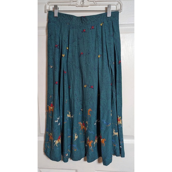 Chaus Petites Skirt Size 8 Green Horse Print Pleated Midi Vintage Equestrian - Picture 1 of 8